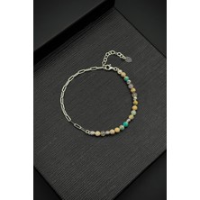 Frnch 925 Ayar Gümüş ve Phoenix Turkuaz Doğal Taşlı Bej Renk Erkek Bileklik FRJ12456-3456-BM