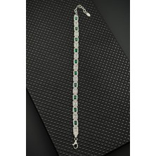 Frnch 925 Ayar Gümüş Yeşil-Beyaz Baget Zirkon Taşlı Gümüş Renk Erkek Bileklik FRJ12644-3644-YA