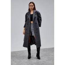 Bolivente Antrasit Kruvaze Kapama Belden Bağlamalı Geniş Kalıp Kaşe Kaban