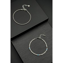 Frnch 925 Ayar Gümüş Italyan Model Mavi Renk Zirkon Taşlı Gümüş Renk Erkek Bileklik Set FRJ12601-3601-M
