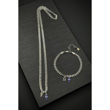 Frnch 925 Ayar Gümüş Italyan Model Nazar Boncuk ve Harfli Erkek Bileklik/kolye Set FRJ12477-3477-AL