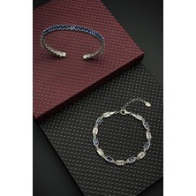 Frnch 925 Ayar Gümüş Lacivert Zirkon Taşlı Gümüş Renk Erkek Bileklik Set FRJ12696-3696-L