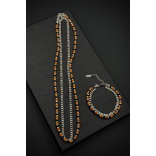 Frnch 316L Çelik Onyx ve Sedef Doğal Taşlı Turuncu Renk Erkek Bileklik/kolye Set FRJ12551-3551-KB