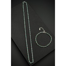 Frnch 925 Ayar Gümüş Yeşil Zirkon Taşlı Gümüş Renk Erkek Bileklik/kolye Set FRJ12674-3674-Y