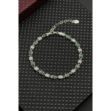 Frnch 925 Ayar Gümüş Yeşil-Beyaz Zirkon Taşlı Gümüş Renk Erkek Bileklik FRJ12717-3717-YA