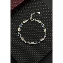 Frnch 925 Ayar Gümüş Lacivert-Beyaz Zirkon Taşlı Gümüş Renk Erkek Bileklik FRJ12677-3677-LA