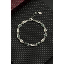 Frnch 925 Ayar Gümüş Yeşil-Beyaz Zirkon Taşlı Gümüş Renk Erkek Bileklik FRJ12677-3677-YA