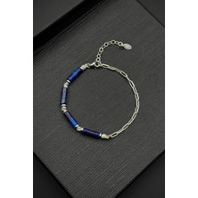 Frnch 925 Ayar Gümüş ve Lapis Lazuli Doğal Taşlı Lacivert Renk Erkek Bileklik FRJ12410-3410-L