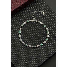 Frnch 925 Ayar Gümüş Yeşil-Beyaz Zirkon Taşlı Gümüş Renk Erkek Bileklik FRJ12719-3719-YA