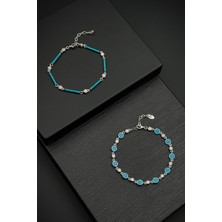 Frnch 925 Ayar Gümüş Turkuaz Zirkon Taşlı Gümüş Renk Erkek Bileklik Set FRJ12612-3612-M