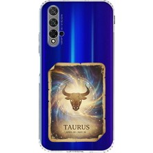 PrintiFy Honor 20 ile Uyumlu Burç Kartları Boğa Tasarımlı Şeffaf Silikon Kılıf