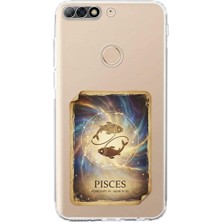 PrintiFy Huawei Y7 2018 ile Uyumlu Burç Kartları Balık Tasarımlı Şeffaf Silikon Kılıf