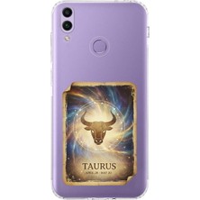 PrintiFy Honor 8c ile Uyumlu Burç Kartları Boğa Tasarımlı Şeffaf Silikon Kılıf