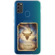 PrintiFy Samsung Galaxy M21 ile Uyumlu Burç Kartları Boğa Tasarımlı Şeffaf Silikon Kılıf