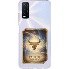 PrintiFy Vivo Y12S ile Uyumlu Burç Kartları Boğa Tasarımlı Şeffaf Silikon Kılıf