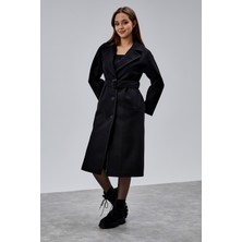 Bolivente Siyah Premium Oversize Kemerli Kaşe Kaban