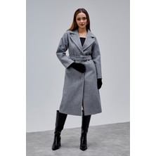 Bolivente Gri Premium Oversize Kemerli Kaşe Kaban
