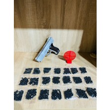 Periyedi Gümüş Renk Boncuklu Oyuncak Tabanca 1 Adet + 1 Adet Hedef Kırmızı 9 cm + 21 Paket Boncuk