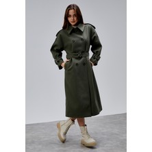 Bolivente Haki Kuşaklı Oversize Kaşe Kaban 44577