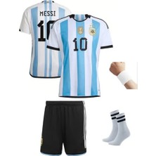Andream Arjantin 2023/2024 Sezon Messi Dünya Kupası 3 Yıldız Futbol Çocuk Forması 4'lü Set Çorap+Bileklik Hediyeli