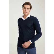 D'S Damat Regular Fit Lacivert Düz Örgü Kazak Erkek Bisiklet Yaka Modern Stil