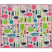 Mutfak Desen Bulaşık Kurutma Altlığı, 35X45 Cm, Pembe ve Yeşil Çerçeveli, Mutfak Gereçleri Desenli