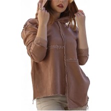 Phuti Kapüşonlu Uzun Kol Yıkamalı Casual Pamuklu Asimetrik Örme Sweatshirt