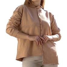 Phuti Kapüşonlu Uzun Kol Yıkamalı Casual Pamuklu Asimetrik Örme Sweatshirt