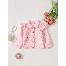 RosabelleMare Pembe Çiçek Desenli, Fırfır Detaylı, Düğmeli ve Astarsız Ince Kız Çocuk Ceketi, Baharlık Model.