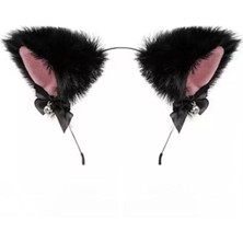Facnspt Siyah Peluş Kedikulağı Taç – Çan ve Kurdele Detaylı Cosplay Aksesuarı