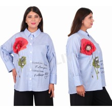 AlanyaXXL Büyük Beden Çiçek Motifli Slogan Yazılı Çizgili Gömlek