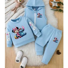 Punix Kids Punıx Kıds Özel Üretim Minnie ve Stitch Baskılı %100 Pamuk Kışlık Kız Çocuk Yelekli 3 Lü Eşofman Takımı