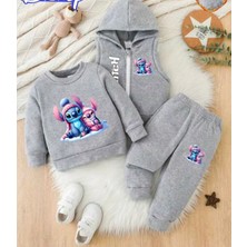 Punix Kids Punıx Kıds Özel Üretim Stitch Kar Tatili Baskılı %100 Pamuk Kışlık Kız Çocuk Yelekli 3 Lü Eşofman Takımı