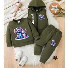 Punix Kids Punıx Kıds Özel Üretim Stitch Kar Tatili Baskılı %100 Pamuk Kışlık Kız Çocuk Yelekli 3 Lü Eşofman Takımı