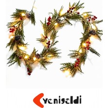 Empressco Yeşil Yapraklı LED Işıklı Yılbaşı Çelengi, Kırmızı Meyve ve Kozalak Detaylı Süsleme