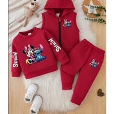 Punix Kids Punıx Kıds Özel Üretim Minnie ve Stitch Baskılı %100 Pamuk Kışlık Kız Çocuk Yelekli 3 Lü Eşofman Takımı