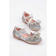 Papuccum Kız Çocuk Gümüş Taşlı Fiyonklu Babet Tekstil Malzeme ile Termoplastik Tabanlı Şık Ayakkabı