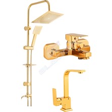 Blackfit Gold Kare Banyo Seti Tepe Duş Seti Lavabo ve Banyo Bataryası Çeşmesi
