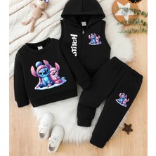 Punix Kids Punıx Kıds Özel Üretim Stitch Kar Tatili Baskılı %100 Pamuk Kışlık Kız Çocuk Yelekli 3 Lü Eşofman Takımı
