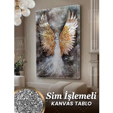 SML Tablo Sim Işlemeli Altın Kanatlı Melek Angel Soyut Abstract Simli Dikey Kanvas Tablo