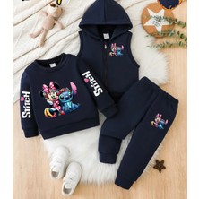 Punix Kids Punıx Kıds Özel Üretim Minnie ve Stitch Baskılı %100 Pamuk Kışlık Kız Çocuk Yelekli 3 Lü Eşofman Takımı