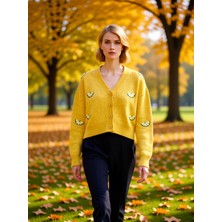 Benerly Kadın Oversize Crop V Yaka Düşük Kol Nakışlı Triko Hırka Portakal Dilimi Desenli Yumuşak Dokulu