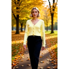 Benerly Kadın Crop Düğme Detaylı Yumuşak Dokulu V Yaka Yünlü Triko Hırka Rahat