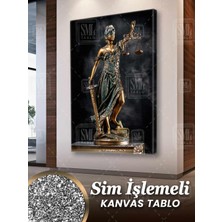 SML Tablo Sim Işlemeli Gözü Kapalı Bir Elinde Kılıç Bir Elinde Terazi Themis Adalet Hukuk Büro Simli Dikey Kanvas Tablo