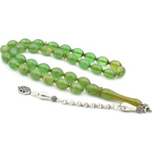 Murty99 Usta Işi Beyzi Kesim Iri Boy Hareli Açık Yeşil Sıkma Kehribar Tesbih 002