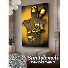 SML Tablo Simli Gold Pırıltılı Zincir Birbirine Sarılan Metal Aşıklar Love Sim Işlemeli Dikey Kanvas Tablo