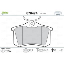 Valeo 670474 - Arka Balata Fluence-Megane II-III-P207-P308-P307-PARTNER-BERLINGO-C2-C3-C4-CROSSLAND- Bora-Passat 97 Golf Iv-V-Polo 87×52.9X17