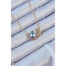 Eco Port 316L Çelik Zincir Altın Renk Ay Tasarımlı Renkli Zirkon Taşlı Çiçek Kolye