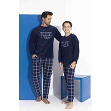 Aygebu Tarık Erkek Lacivert Ekose Uzun Kollu Baba-Oğul Polar Kumaş Kışlık Sıcak Tutan Pijama Takımı