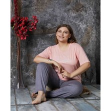 Meri Kadın Gri Pembe Kısa Kol Yuvarlak Yaka Büyük Beden Battal Bambu Pijama Takımı